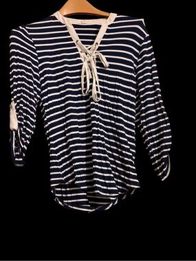 a'gaci Navy and White Striped Lace-Up Long Sleeve Top